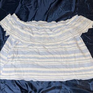 AE Striped Off-Shoulder Lace-Trim Crop Top - Light Blue & White
